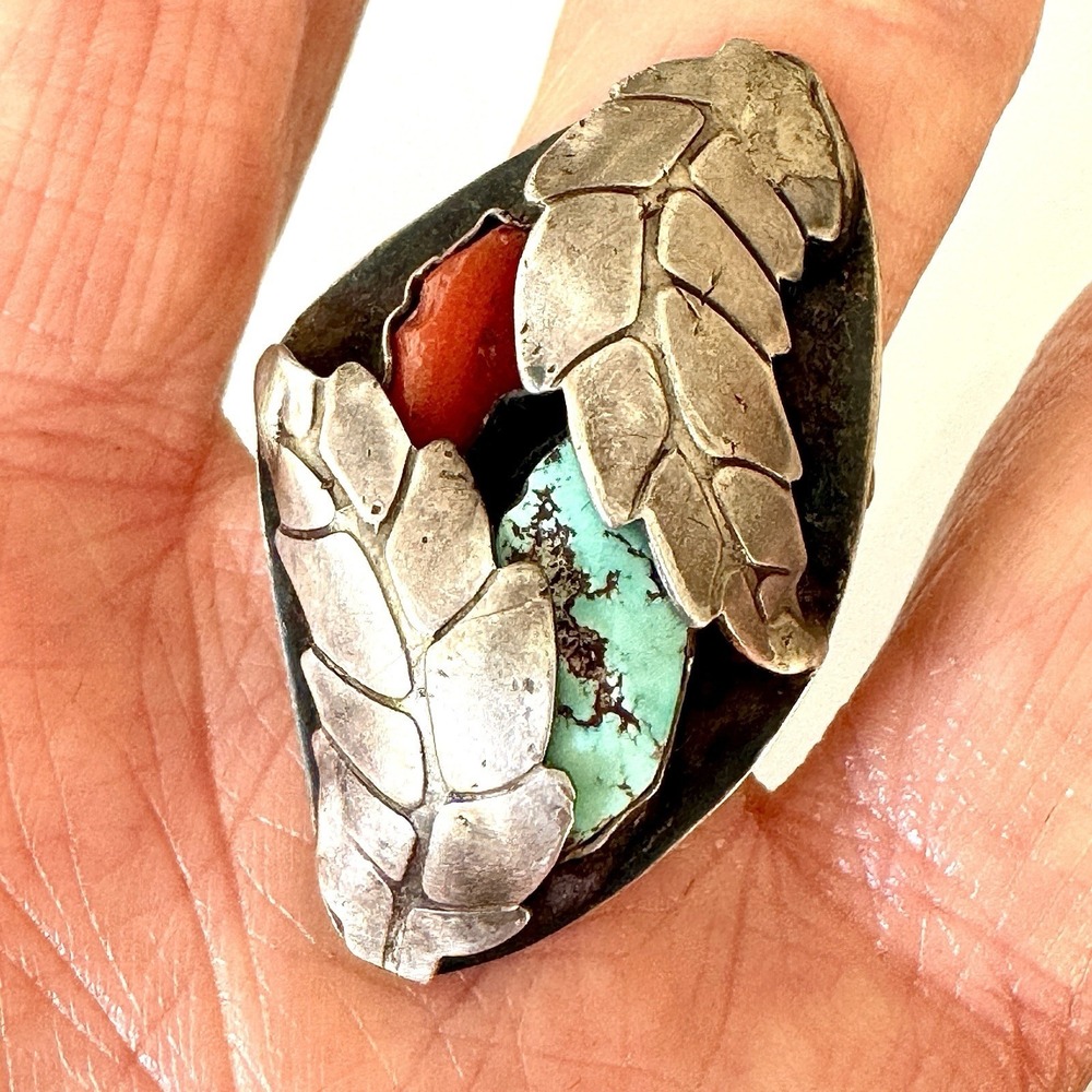 Old Unique Navajo Turquoise Ring Sz 8 VTG 14g Signed Sunshine Sterling Native A